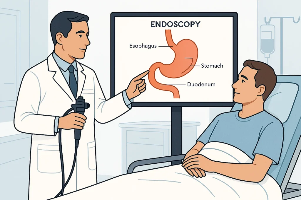 Doctor explaining endoscopy procedure to patient with diagram showing esophagus, stomach, and duodenum – Medigest Clinic