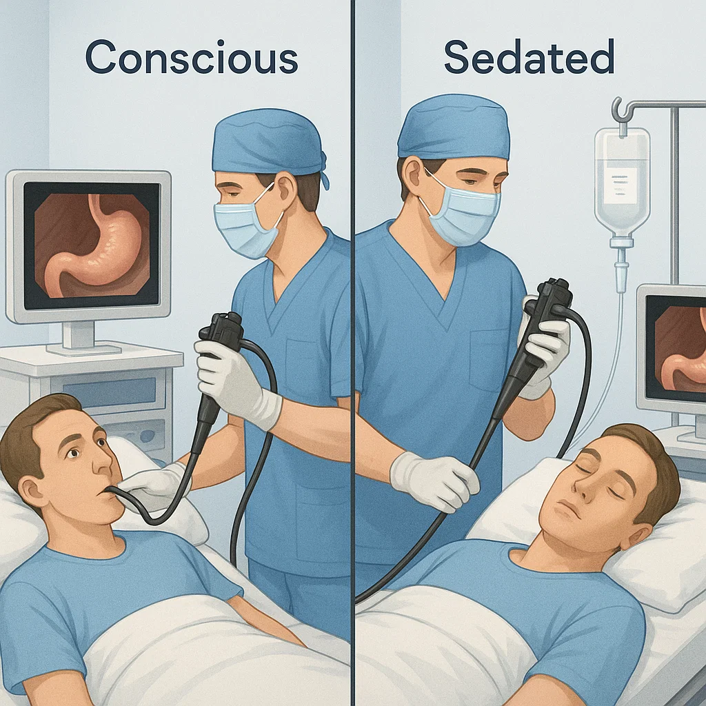 Medical illustration comparing conscious and sedated endoscopy procedures with patient and doctor interaction.