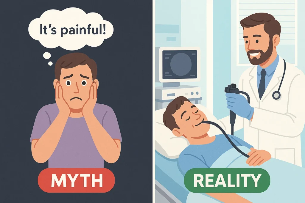 Illustration showing myth that endoscopy is painful and the reality that it is a quick, comfortable medical procedure