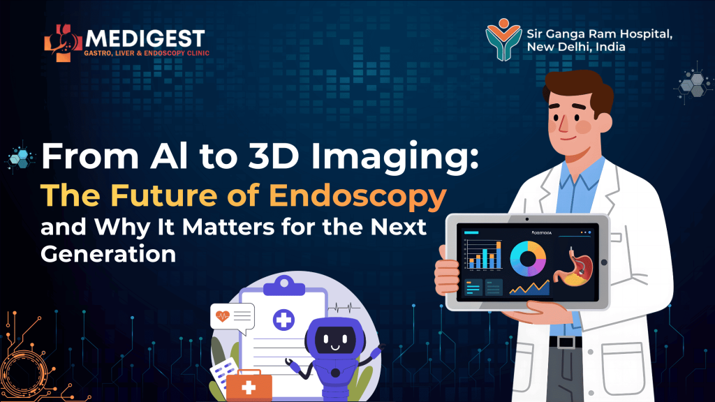 The Banner showing illustration of doctor holding the AI futuristic Endoscopy Report. From AI to 3D Imaging: What the Future of Endoscopy Looks Like - and Why It Matters for the Next Generation.