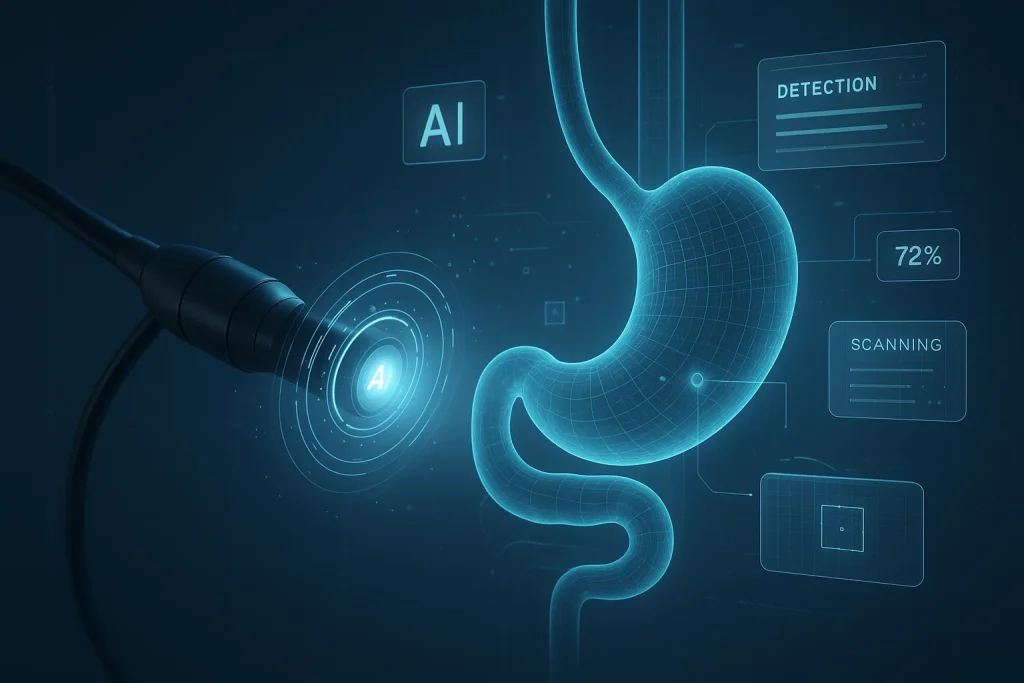 image showing the illutration of future of endoscopy. scanning with AI . give accurate result with AI.