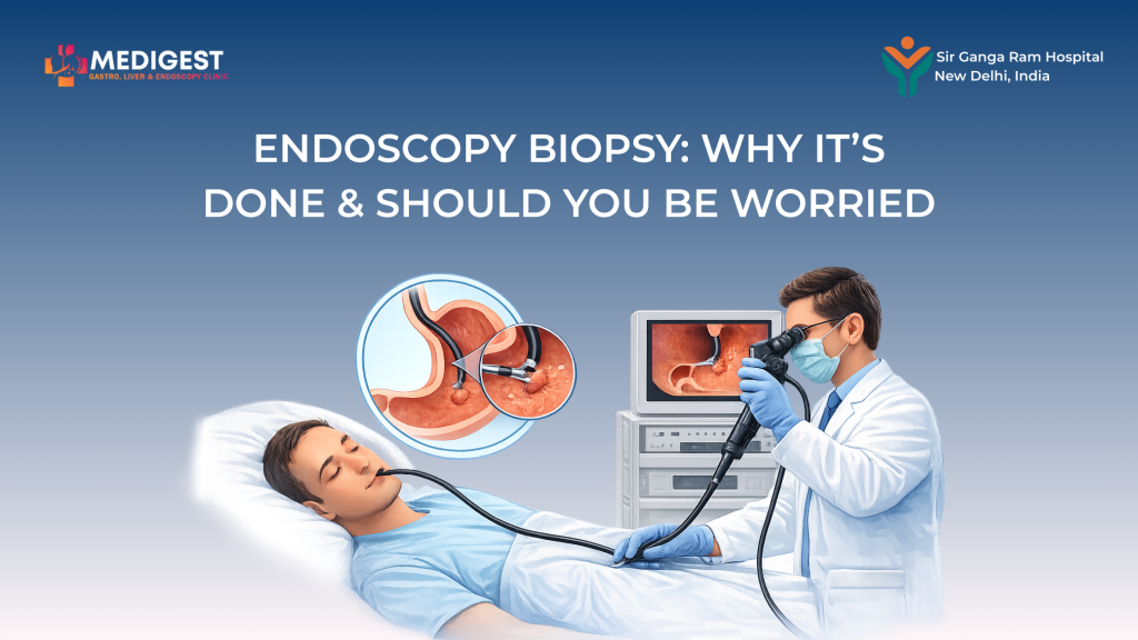 Doctor performing an endoscopy biopsy on a patient, with monitor showing stomach view and banner text about why it’s done and if you should be worried.