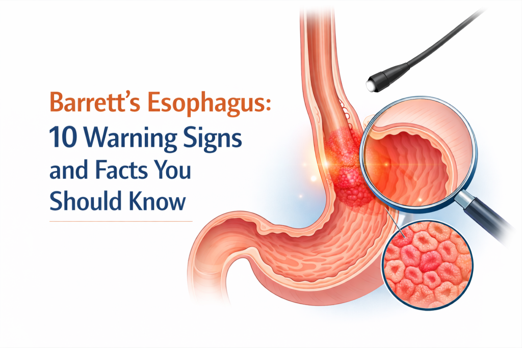 Medical illustration of Barrett's Esophagus showing damaged esophageal lining and endoscope used for diagnosis.