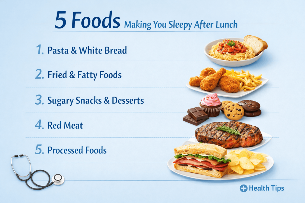 Infographic of 5 foods that can make you sleepy after lunch.