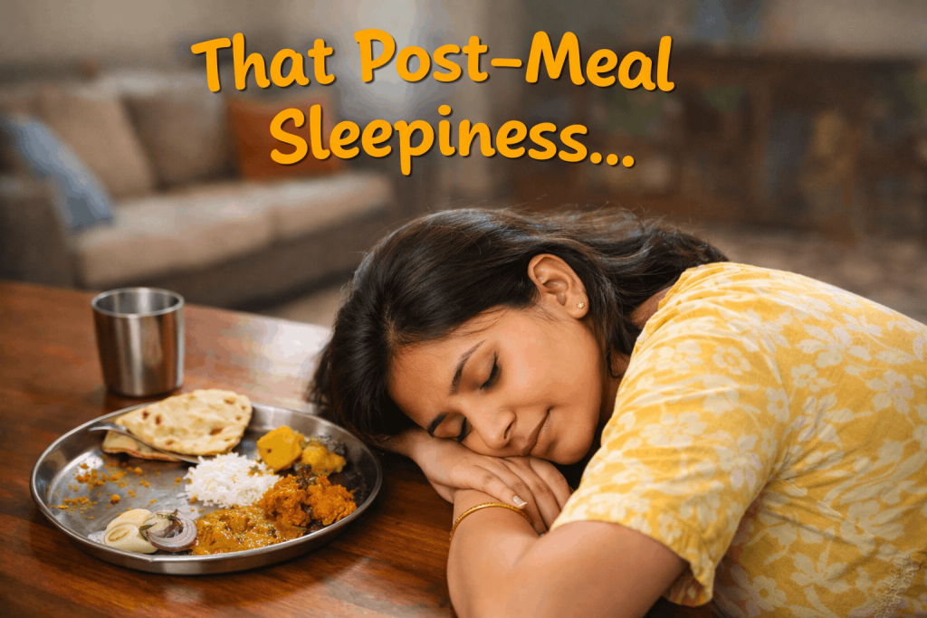 Woman feeling tired after eating, sleeping at table with lunch plate, showing post-meal sleepiness.