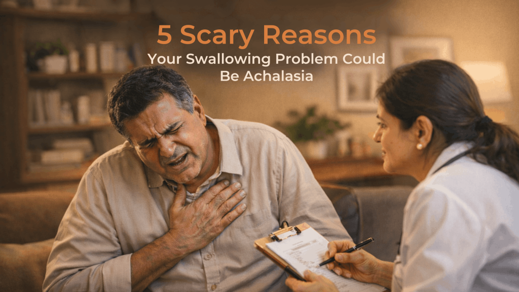 Person experiencing chest discomfort while eating symptom of achalasia