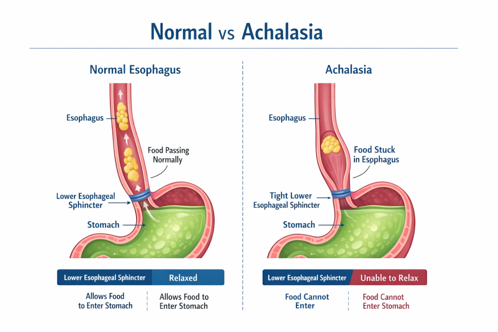 Diagram showing normal oesophagus vs achalasia narrowing at lower sphincter