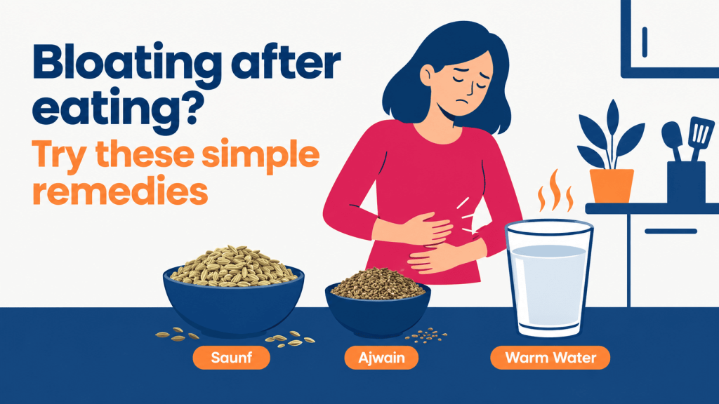 bloating after eating remedies, saunf, ajwain and warm water on a kitchen counter